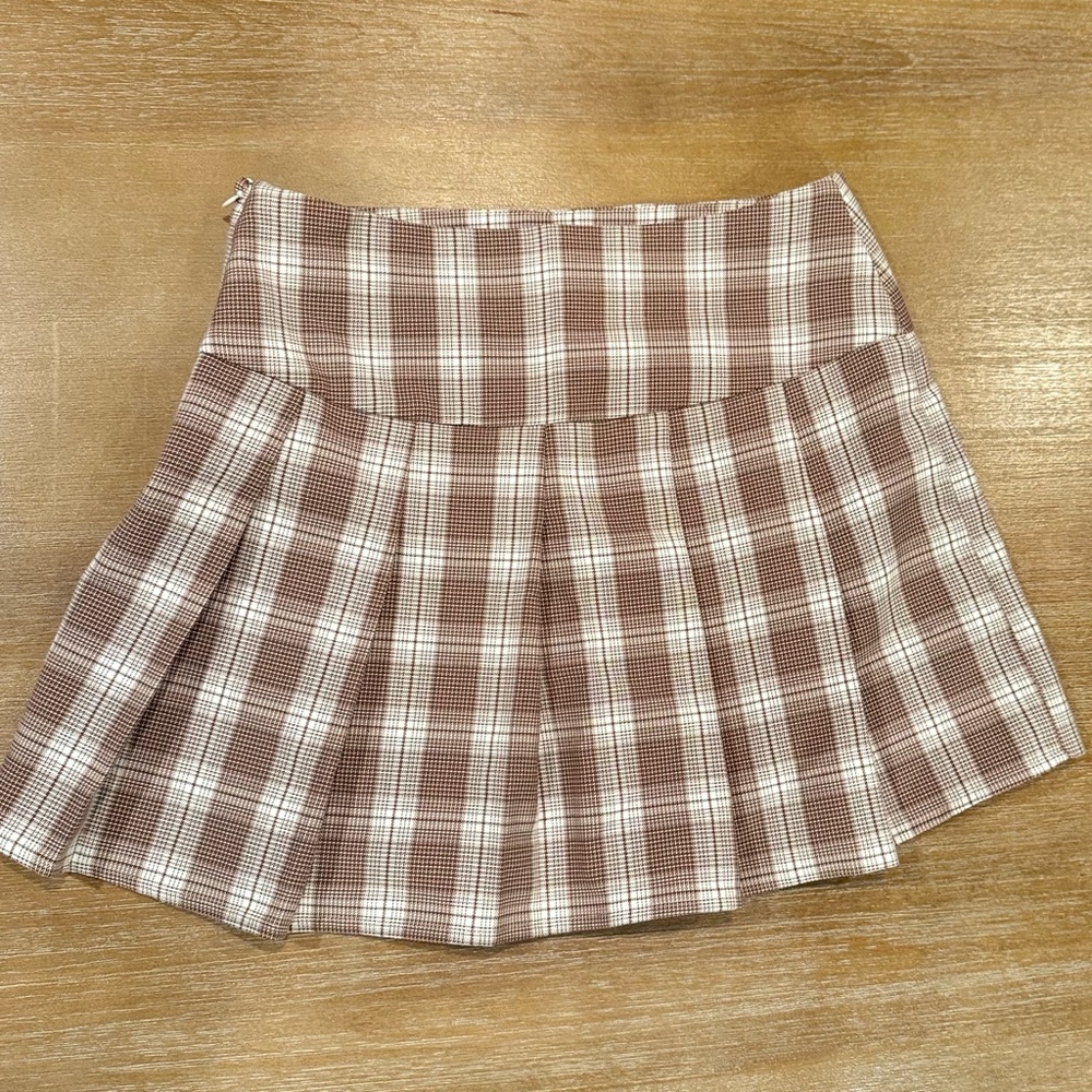 BP‎ Plaid Pleated Mini Skirt Brown Ivory Side Zip Size XS